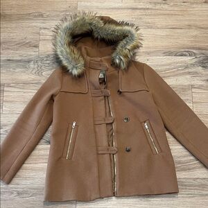 Altar’d State Wool Brown Coat with Faux Fur Hood